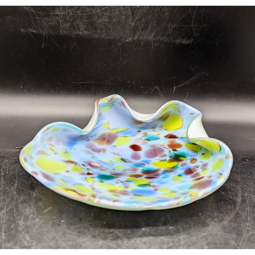 Vintage Murano HAND BLOWN Encased Art Glass Blue Confetti Plate Candy Dish 8"